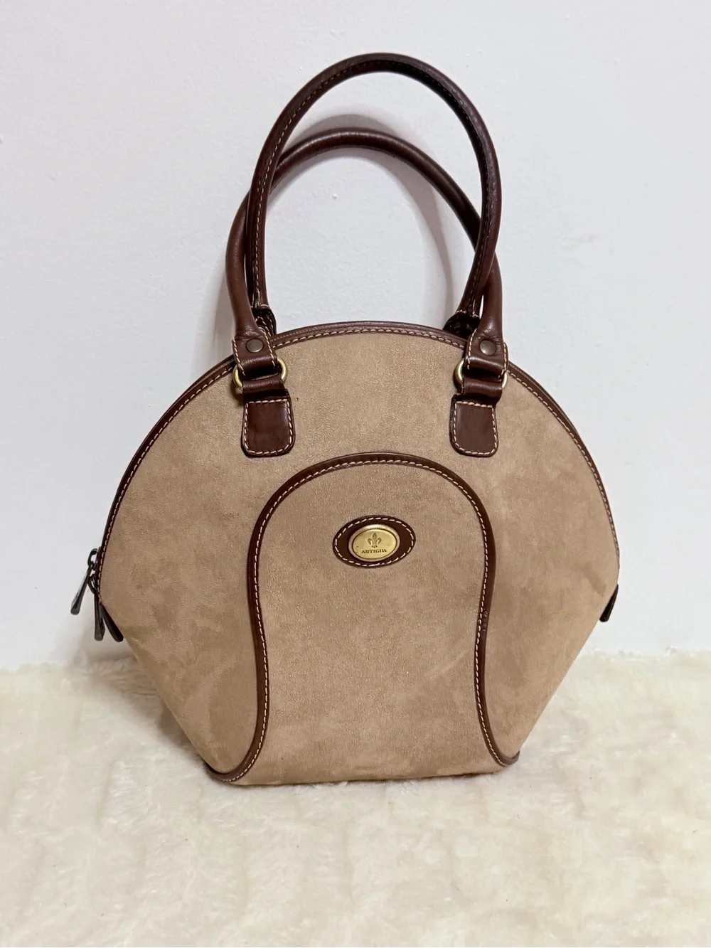 Antigua Beige Suede Dome Handbag with Brown Trim - Classic Women’s Bag